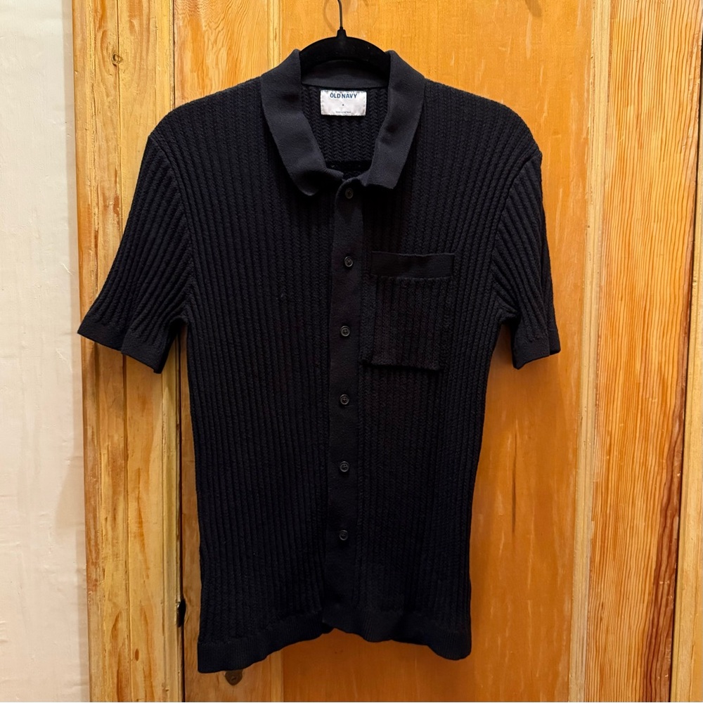 Black Button-up Ribbed Polo Shirt